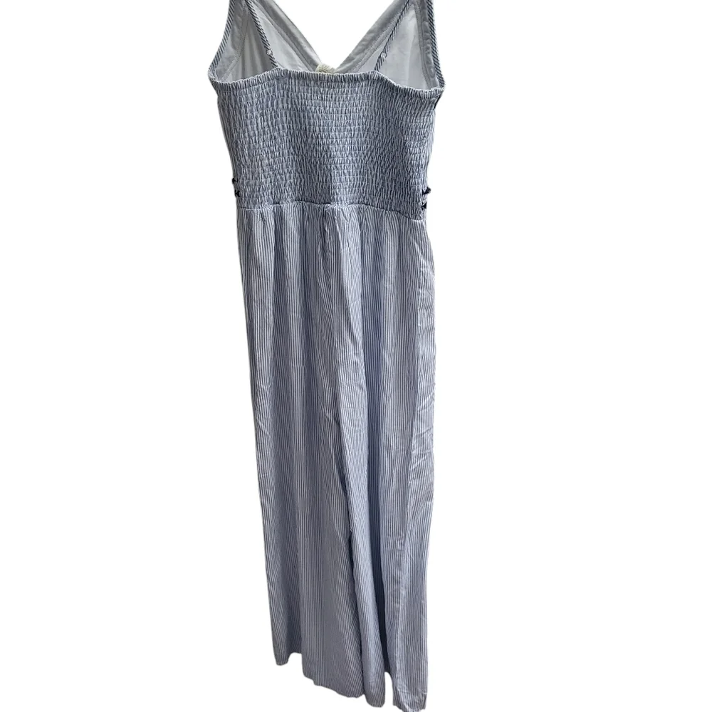 JAPNA Jumper Jumpsuit Blue/White Palazzo Wide Leg Smocked Stripe Lined Rayon - Picture 2 of 9